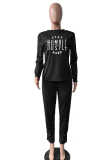 Black Casual Print Pearl O Neck Long Sleeve Two Pieces