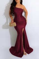 Бордовый сексуальный однотонный лоскутный разрез с косым воротником вечернее платье платья