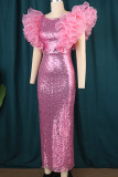 Celebrità rosa eleganti abiti con gonna a un passo in patchwork con paillettes solide e balze o collo