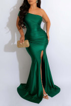 Зеленое сексуальное однотонное лоскутное вечернее платье с разрезом и косым воротником Платья