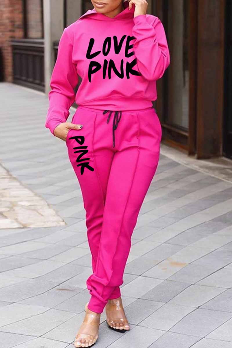 

Rose Red Casual Print Letter Hooded Collar Long Sleeve Two Pieces