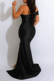 Zwarte sexy effen patchwork spleet schuine kraag avondjurk jurken