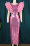 Celebrità rosa eleganti abiti con gonna a un passo in patchwork con paillettes solide e balze o collo