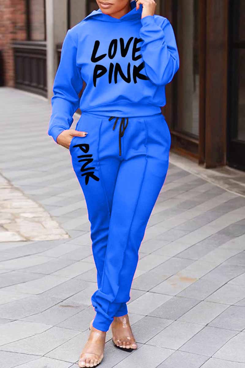 

Blue Casual Print Letter Hooded Collar Long Sleeve Two Pieces