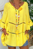 Желтые повседневные однотонные платья в стиле пэчворк с V-образным вырезом и длинными рукавами