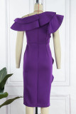 Фиолетовое элегантное однотонное вечернее платье в стиле пэчворк с воланом и косым воротником Платья