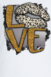 T-shirt con scollo O lettera patchwork stampata con labbra casual grigie
