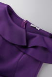 Robe de soirée violette élégante, couleur unie, patchwork, volants, col oblique