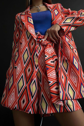 Red Casual Street Print Patchwork Buttons Turn-back Collar Long Sleeve Two Pieces