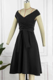 Zwarte elegante effen patchwork off-shoulder A-lijn jurken