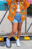 Gelbe Jeansjacke mit Patchwork-Schnalle und Umlegekragen