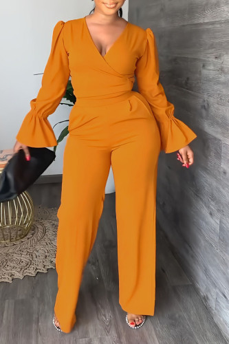 Orange Casual Solid Patchwork V Neck Long Sleeve Two Pieces