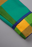 Green Casual Plaid Print Patchwork Buckle Turndown Collar Outerwear
