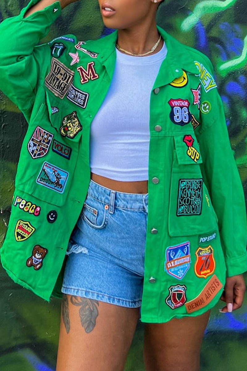 

Green Street Patchwork Buckle Turndown Collar Long Sleeve Denim Jacket