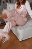 Pink Casual Solid Patchwork Buckle Feathers Long Sleeve Two Pieces