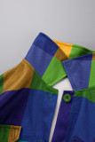 Green Casual Plaid Print Patchwork Buckle Turndown Collar Outerwear