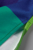 Groene casual geruite print patchwork gesp turndown kraag bovenkleding