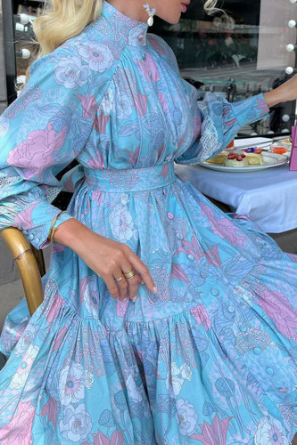 Blue Casual Sweet Print Patchwork Half A Turtleneck A Line Dresses