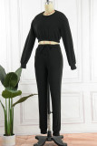 Zwarte casual sportkleding Effen patchwork O-hals, twee stukken met lange mouwen