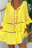 Robes jaunes décontractées à manches longues à col en V et patchwork