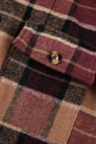 Red-brown Casual Plaid Print Patchwork Buckle Turndown Collar Outerwear