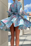 Синие повседневные платья в стиле пэчворк со сладким принтом Половина водолазки A Line Платья