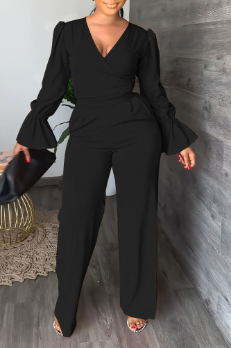 Black Casual Solid Patchwork V Neck Long Sleeve Two Pieces