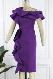 Фиолетовое элегантное однотонное вечернее платье в стиле пэчворк с воланом и косым воротником Платья