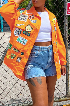 Yellow Street Patchwork Buckle Turndown Collar Long Sleeve Denim Jacket