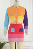 Yellow Pink Casual Patchwork Buckle Cardigan Collar Long Sleeve Two Pieces