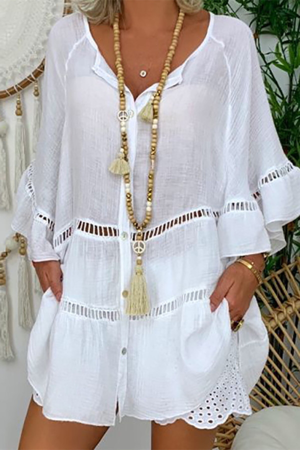 Vestidos casuais brancos de patchwork sólido com decote em V mangas compridas