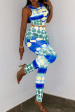 Blue Sexy Print Patchwork O Neck Sleeveless Two Pieces