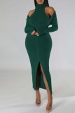 Green Sexy Solid Patchwork Slit Turtleneck Long Sleeve Two Pieces