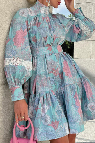 Blue Gray Casual Sweet Print Patchwork Half A Turtleneck A Line Dresses