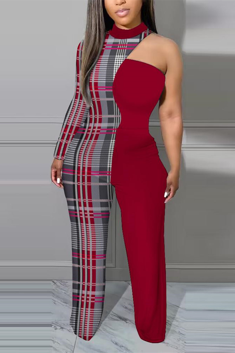

Burgundy Sexy Plaid Print Patchwork Printing O Neck Regular Jumpsuits