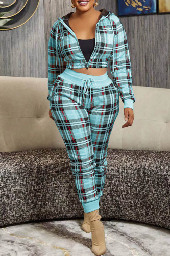 Lake Blue Casual Plaid Print Patchwork Hooded Collar Long Sleeve Two Pieces