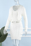 Белые повседневные однотонные платья с длинным рукавом в стиле пэчворк с V-образным вырезом