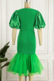 Verde Elegante Sólido Patchwork Gola Quadrada Vestidos de Saia Lápis