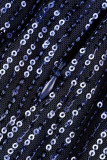 Marineblaue, elegante, solide, ausgehöhlte Pailletten-Patchwork-Kleider mit halbem Rollkragen und One-Step-Rock