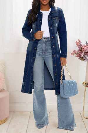 Dark Blue Casual Solid Patchwork Turndown Collar Long Sleeve Regular Long Cardigan Ripped Denim Jacket