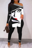 White Black Street Print Patchwork One Shoulder Long Sleeve Two Pieces