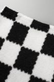 Conjunto de três peças preto sexy casual estampa xadrez patchwork manga longa