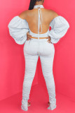 Light Gray Sexy Casual Solid Bandage Backless Fold Halter Long Sleeve Two Pieces