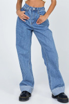 Jeans de mezclilla regular de cintura alta de patchwork sólido casual azul medio