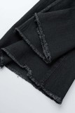 Черные повседневные однотонные рваные джинсы в стиле пэчворк с высокой талией, обычные джинсовые джинсы