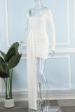 ホワイト セクシー ソリッド パッチワーク パッチ フォールド 非対称 斜め襟 ペンシル スカート ドレス