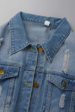 Giacca di jeans normale a maniche lunghe con colletto rovesciato casual blu casual strappata con rappezzatura