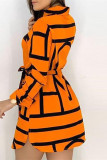 オレンジ カジュアル プリント パッチワーク ターンダウン カラー シャツ ドレス ドレス