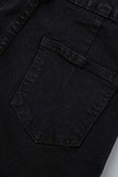 Black Casual Solid Ripped Patchwork High Waist Regular Denim Jeans