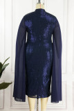 Navy Blue Elegant Solid Hollowed Out Sequins Patchwork Half A Turtleneck One Step Skirt Dresses